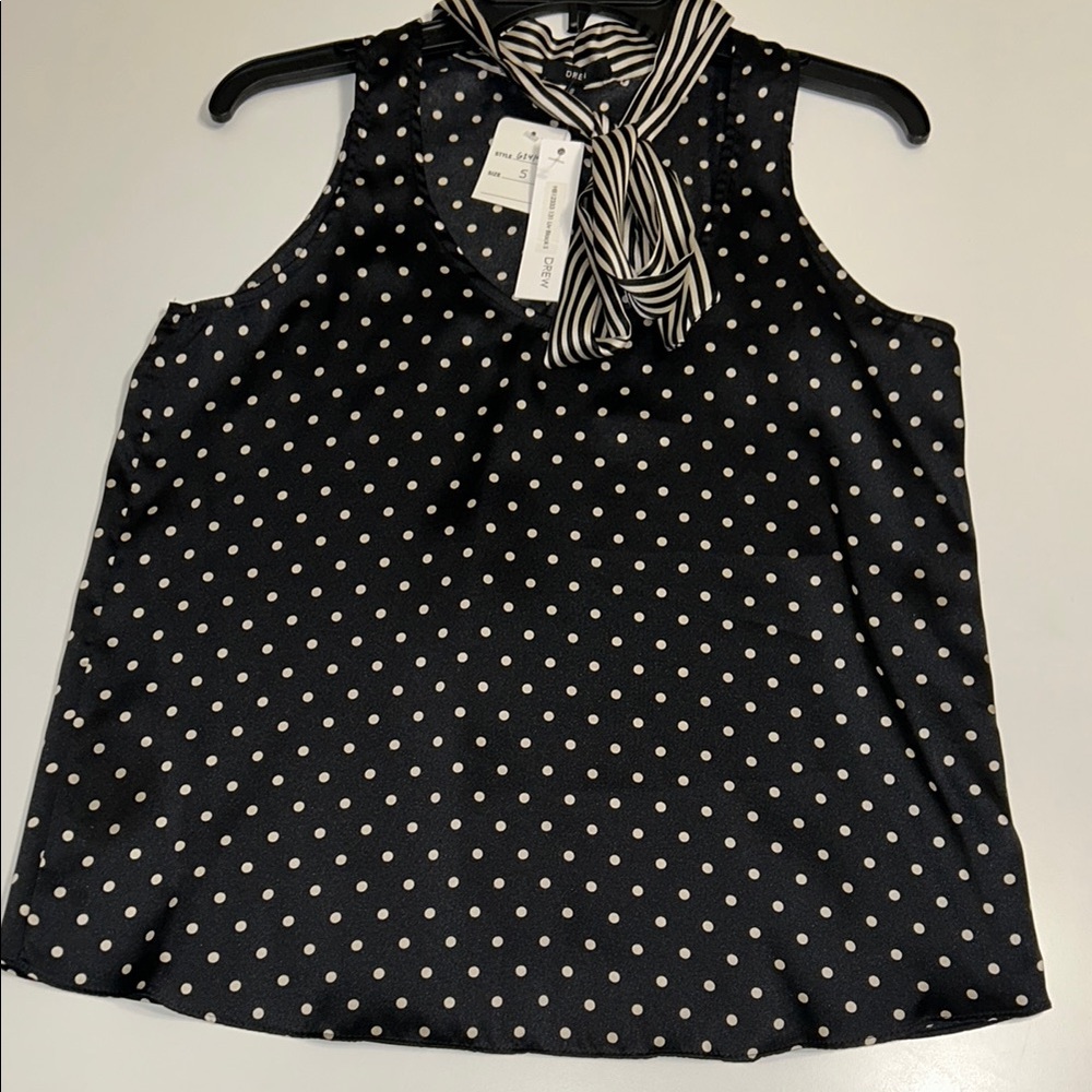 Drew Polka Dot Sleeveless satin silk blouse with neck tie bow size S NWT $196